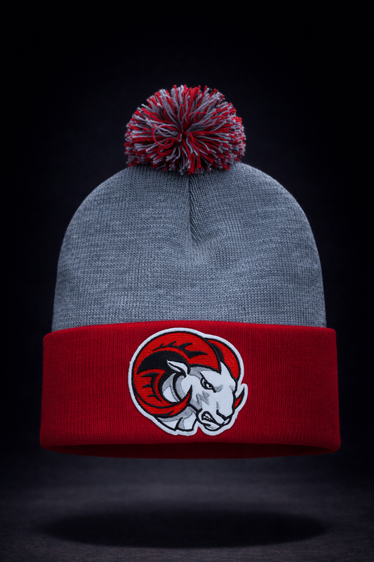 WSSU Ram Beanie w/ Pom- Grey & Red